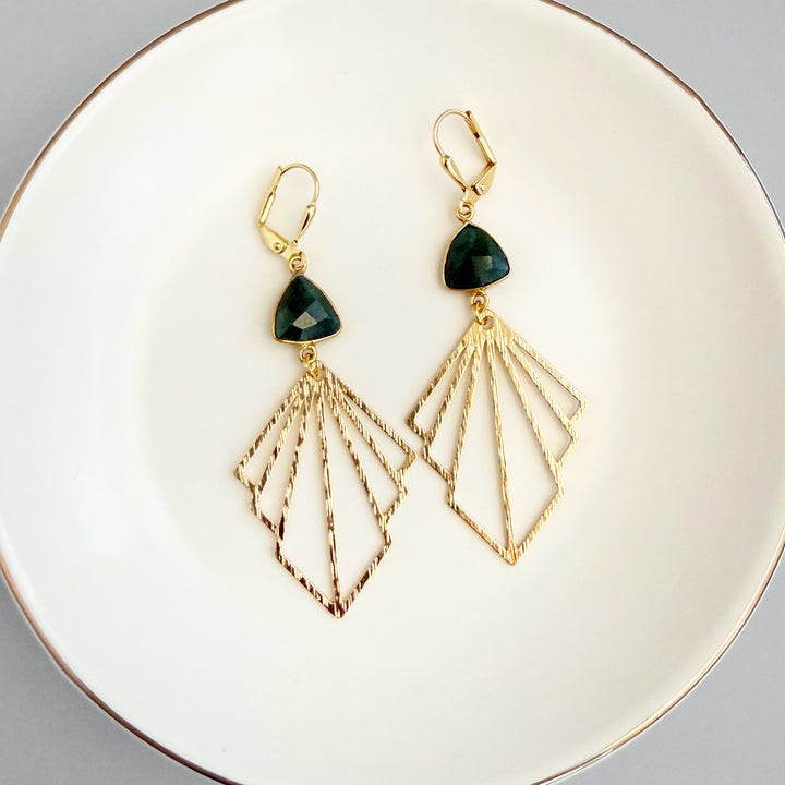 Emerald Fan Statement Earrings in Brushed Gold