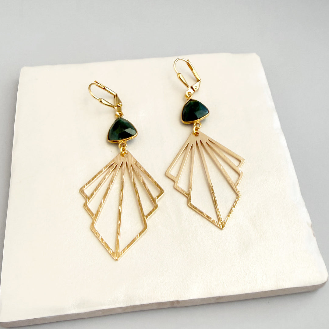 Emerald Fan Statement Earrings in Brushed Gold