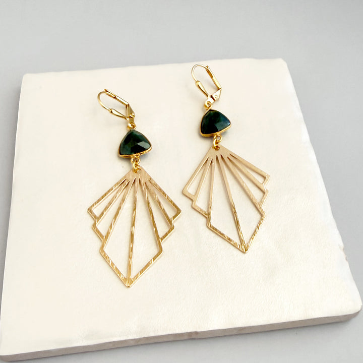 Emerald Fan Statement Earrings in Brushed Gold