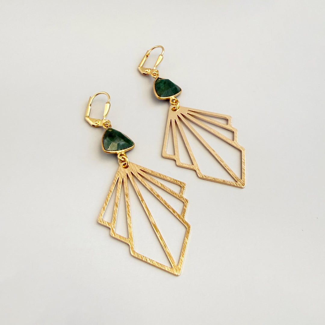Emerald Fan Statement Earrings in Brushed Gold