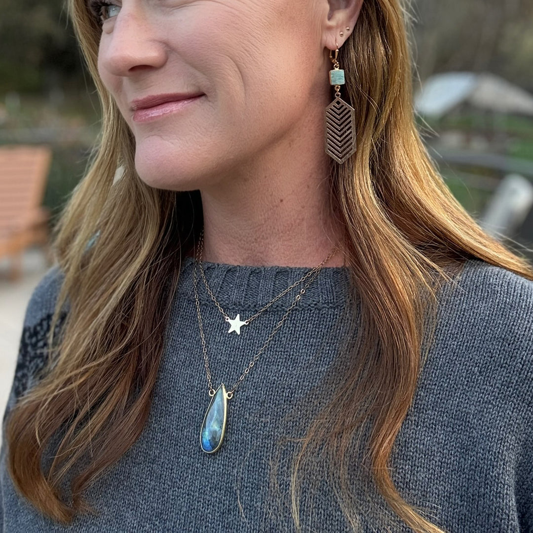 Amazonite Chevron Dangle Earrings in Brushed Gold