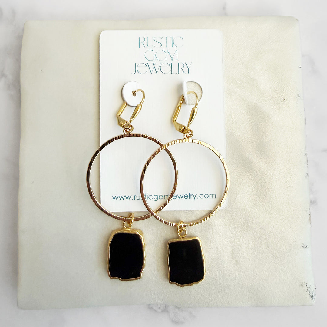 Freeform Black Onyx Hoop Dangle Earrings in Brushed Gold