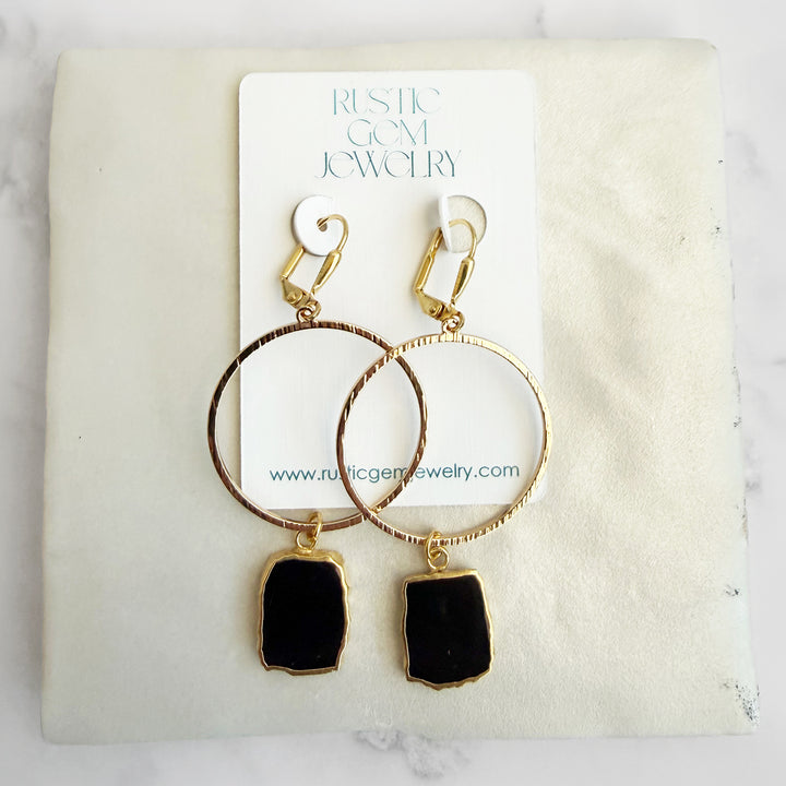 Freeform Black Onyx Hoop Dangle Earrings in Brushed Gold