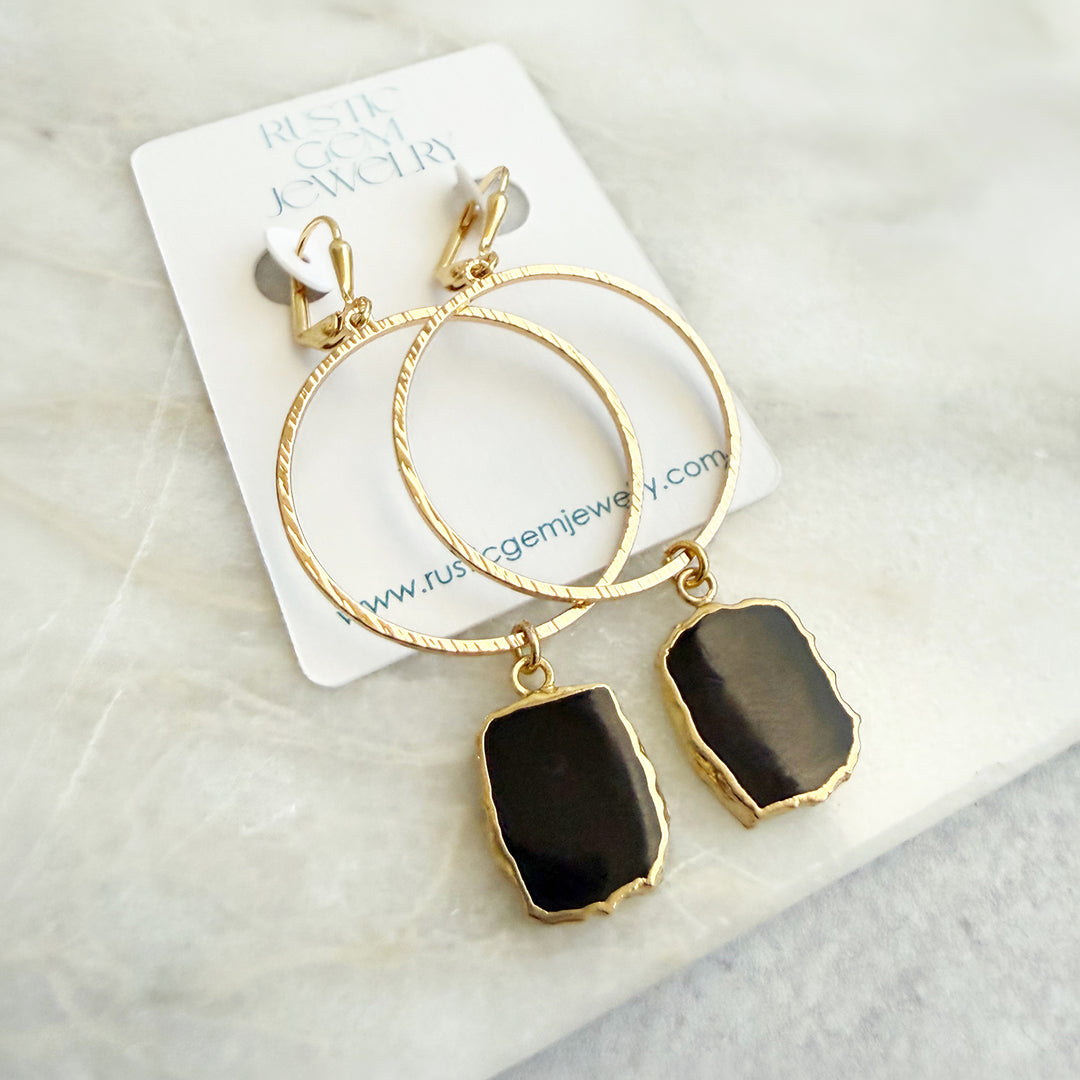 Freeform Black Onyx Hoop Dangle Earrings in Brushed Gold