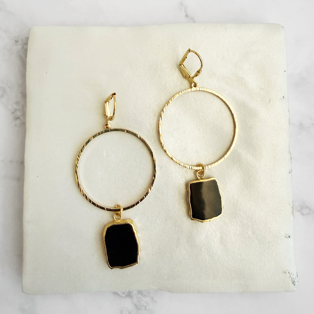 Freeform Black Onyx Hoop Dangle Earrings in Brushed Gold