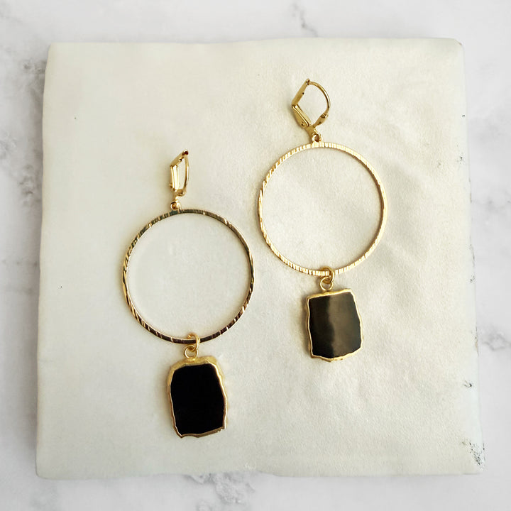 Freeform Black Onyx Hoop Dangle Earrings in Brushed Gold