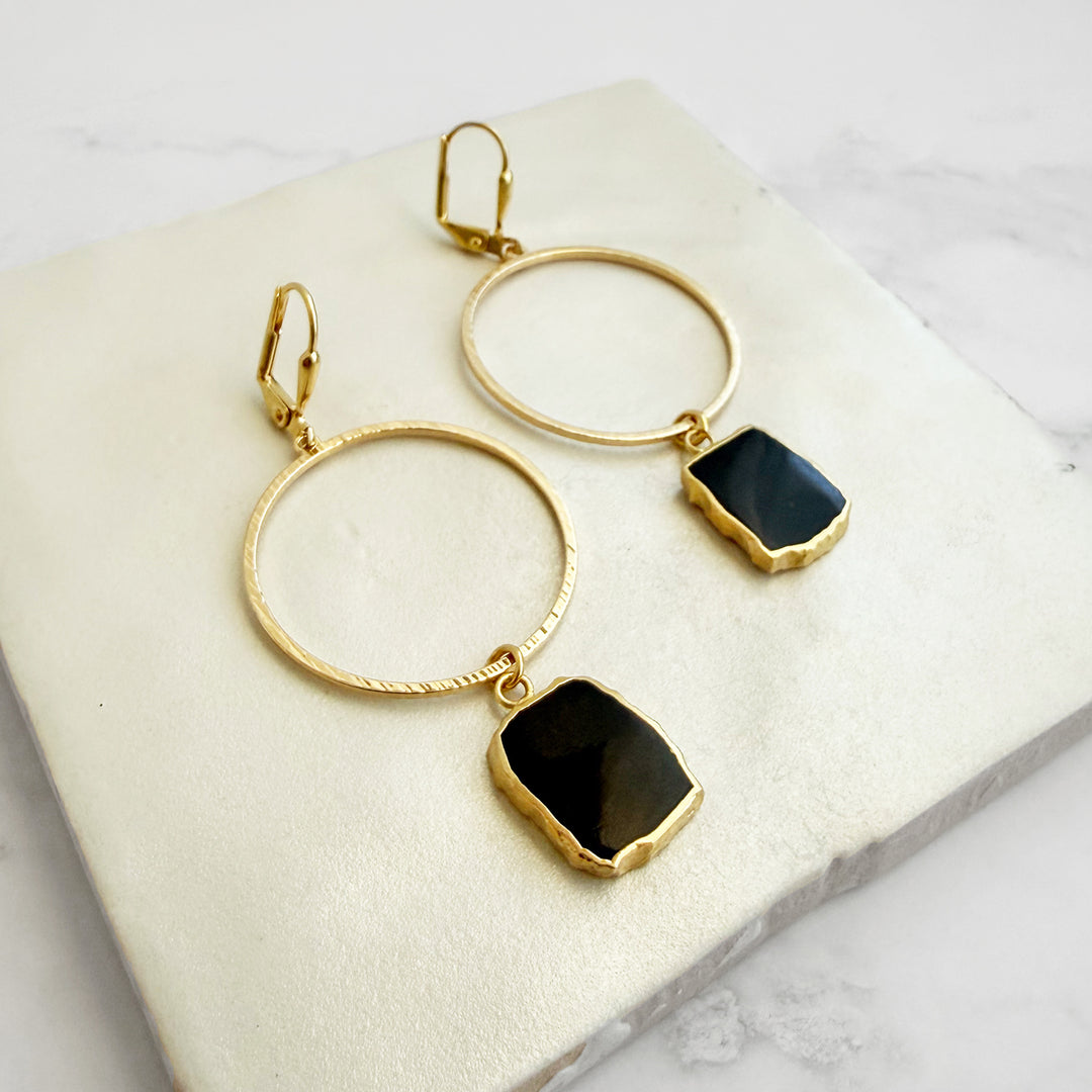Freeform Black Onyx Hoop Dangle Earrings in Brushed Gold