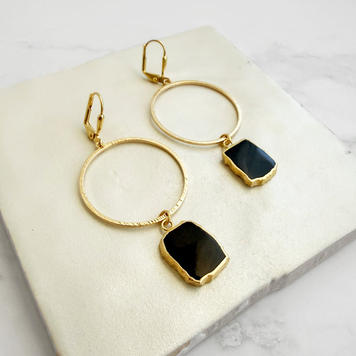 Freeform Black Onyx Hoop Dangle Earrings in Brushed Gold