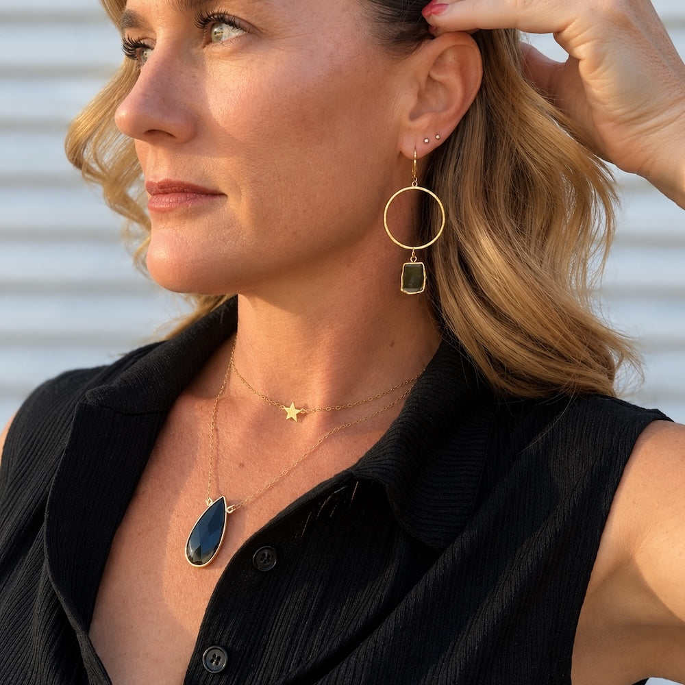 Freeform Black Onyx Hoop Dangle Earrings in Brushed Gold
