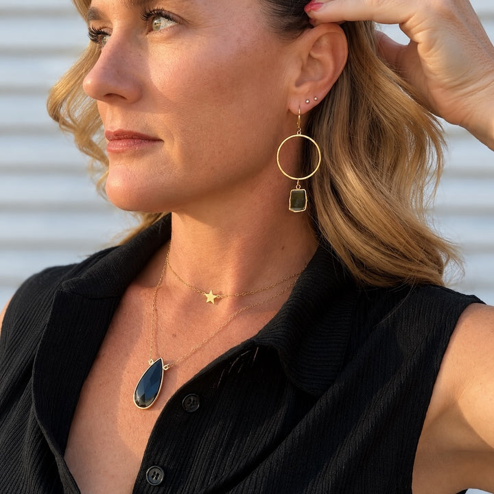 Freeform Black Onyx Hoop Dangle Earrings in Brushed Gold