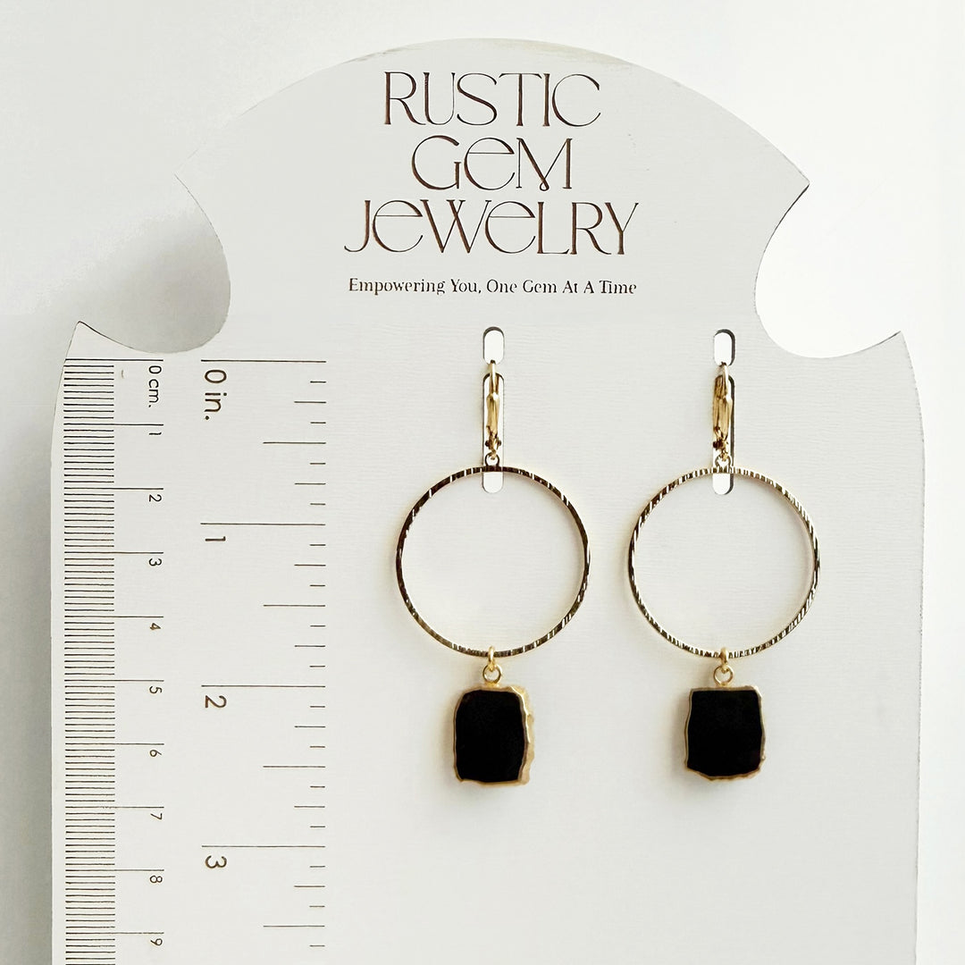 Freeform Black Onyx Hoop Dangle Earrings in Brushed Gold