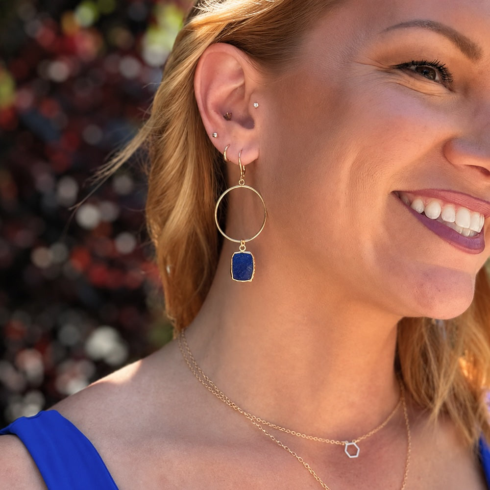 Freeform Lapis Slice Hoop Dangle Earrings in Brushed Gold