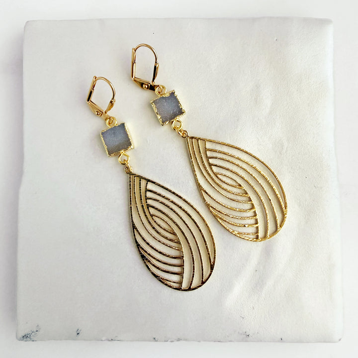 Gray Druzy Swirl Teardrop Earrings in Brushed Gold