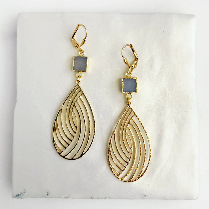 Gray Druzy Swirl Teardrop Earrings in Brushed Gold