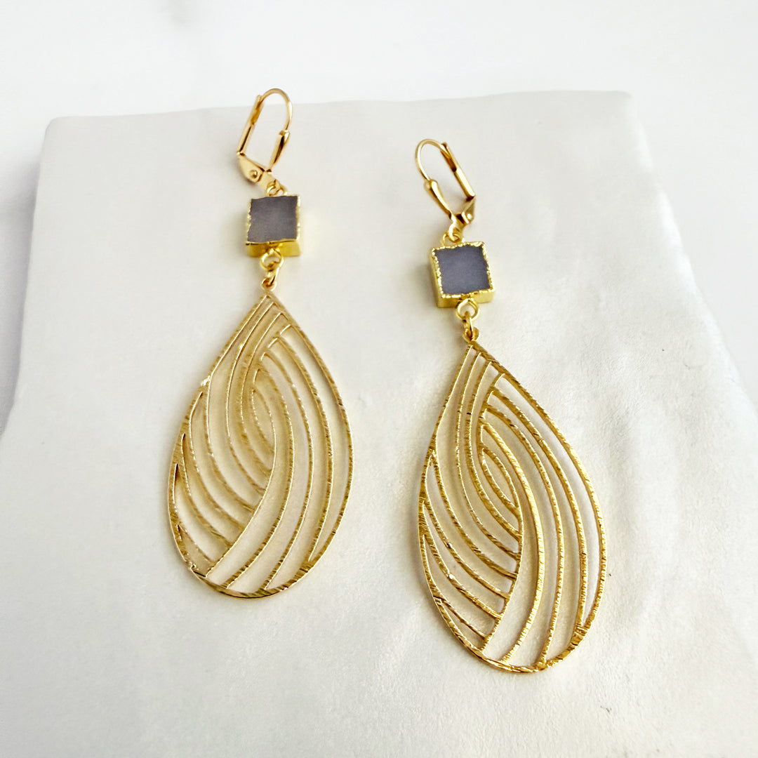 Gray Druzy Swirl Teardrop Earrings in Brushed Gold