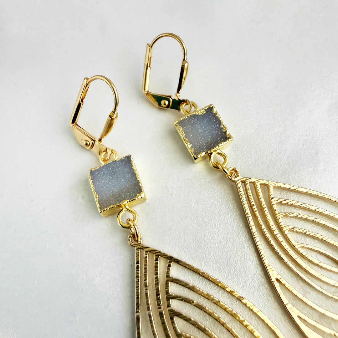 Gray Druzy Swirl Teardrop Earrings in Brushed Gold