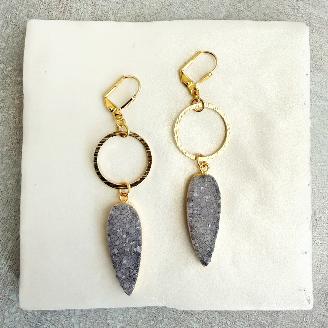 Gray Druzy Teardrop Hoop Dangle Earrings