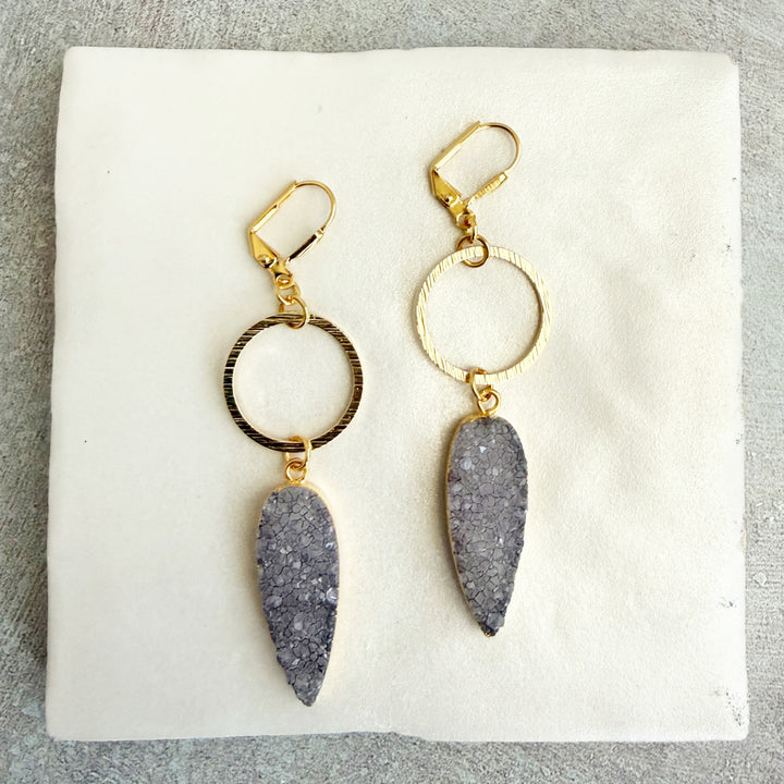 Gray Druzy Teardrop Hoop Dangle Earrings
