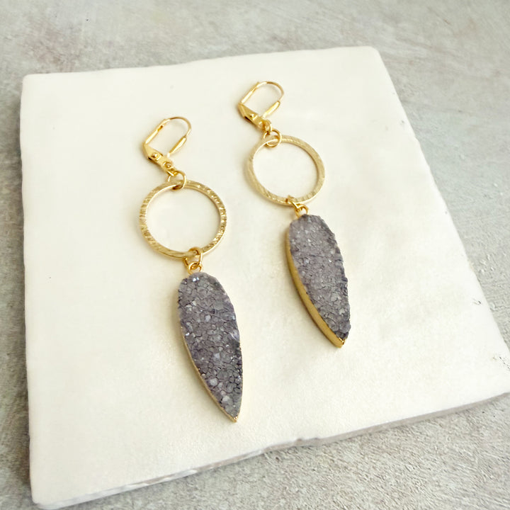 Gray Druzy Teardrop Hoop Dangle Earrings