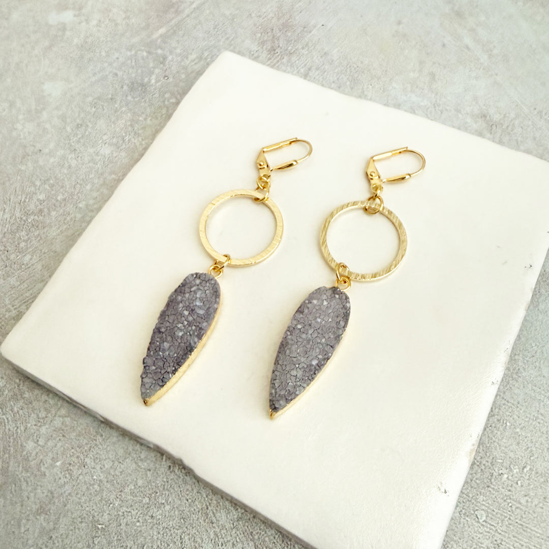 Gray Druzy Teardrop Hoop Dangle Earrings