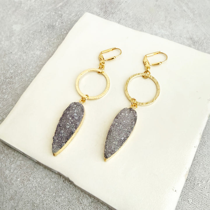 Gray Druzy Teardrop Hoop Dangle Earrings