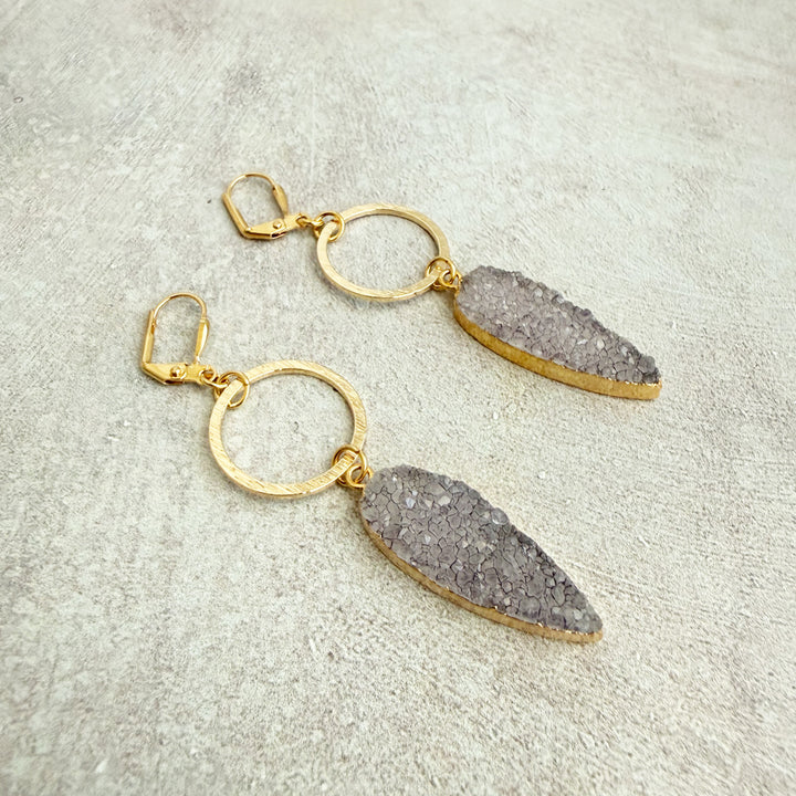 Gray Druzy Teardrop Hoop Dangle Earrings