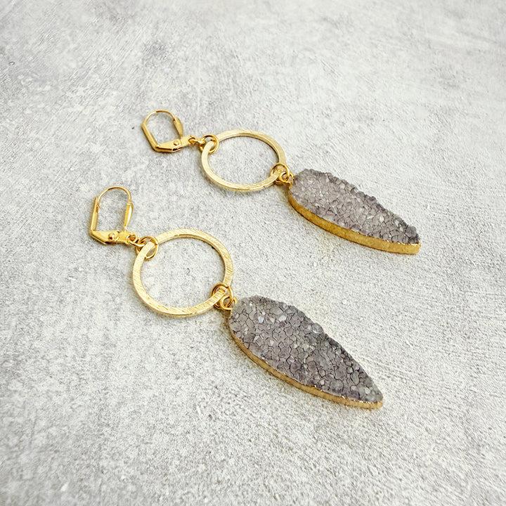 Gray Druzy Teardrop Hoop Dangle Earrings