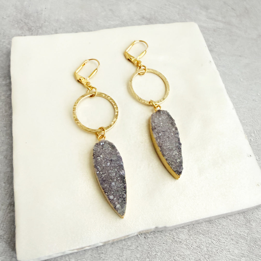 Gray Druzy Teardrop Hoop Dangle Earrings