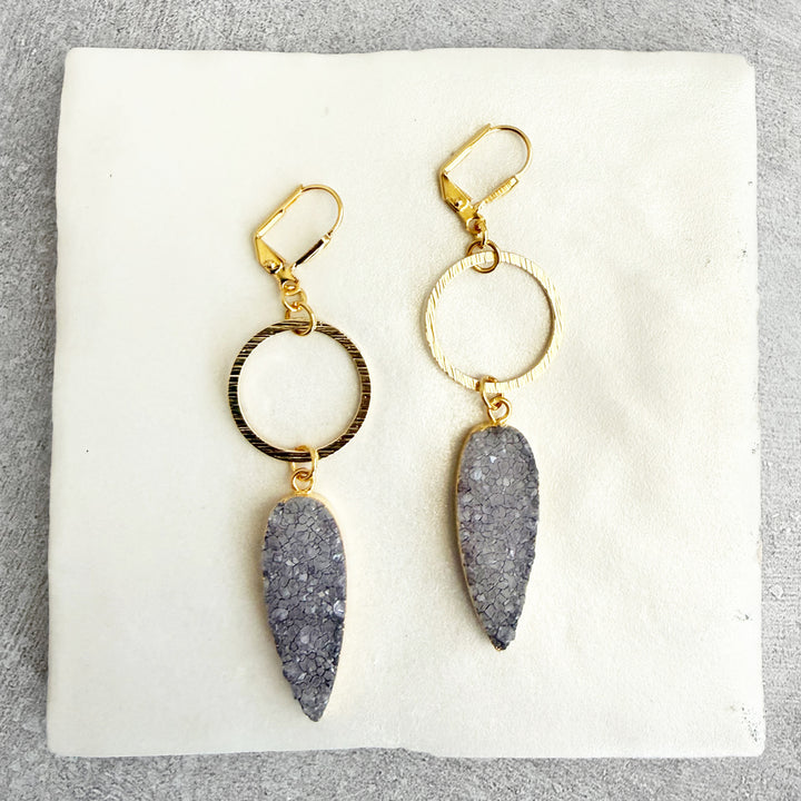 Gray Druzy Teardrop Hoop Dangle Earrings