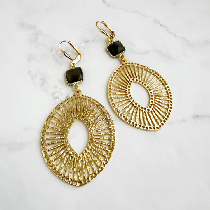 Gray Moonstone Sunburst Medallion Earrings in Brushed Gold