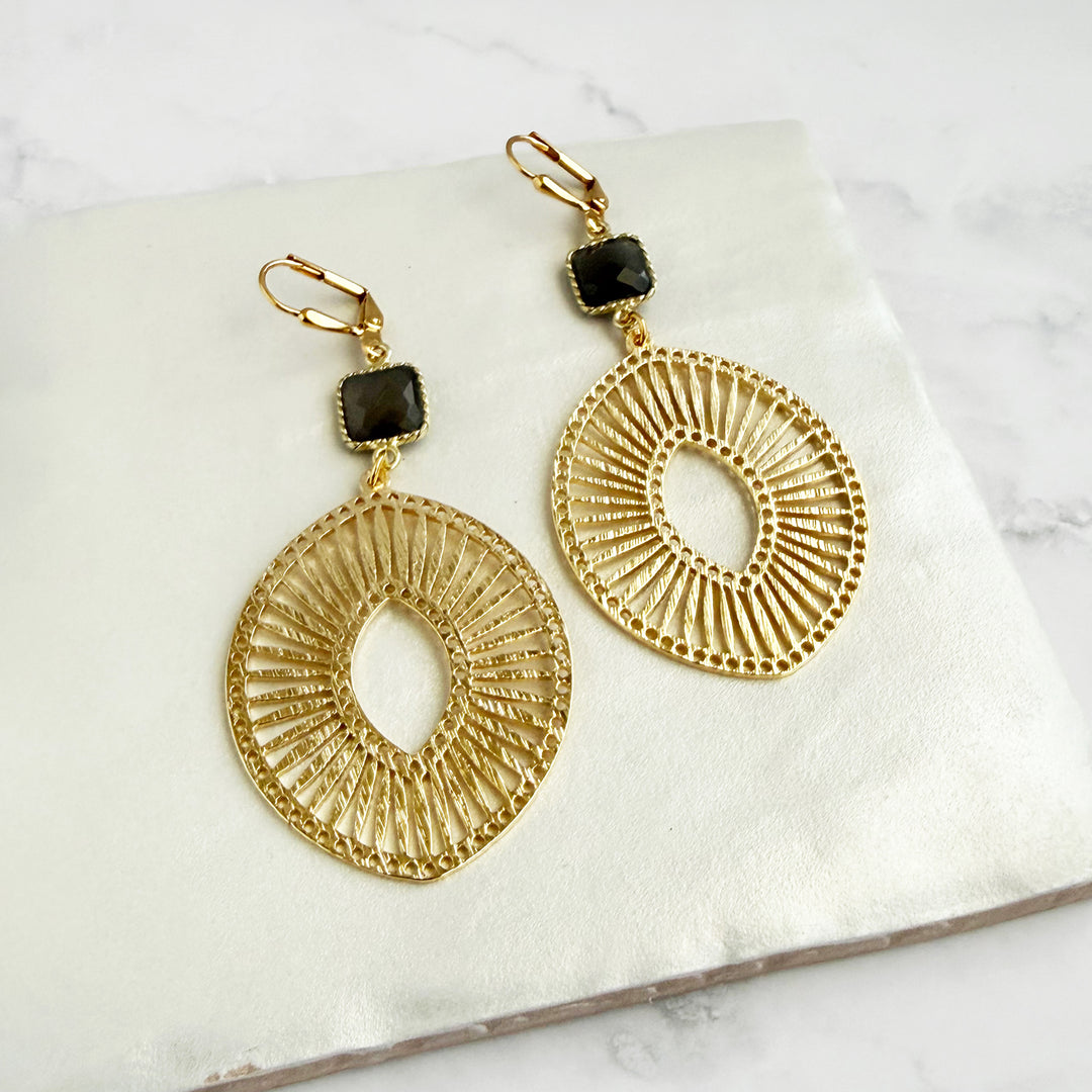 Gray Moonstone Sunburst Medallion Earrings in Brushed Gold