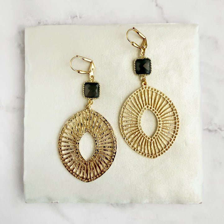 Gray Moonstone Sunburst Medallion Earrings in Brushed Gold