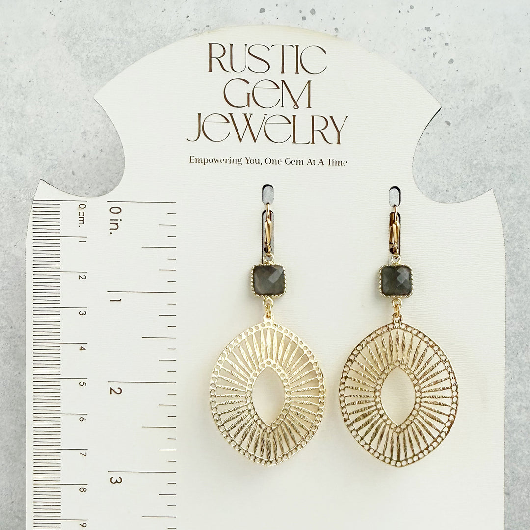 Gray Moonstone Sunburst Medallion Earrings in Brushed Gold