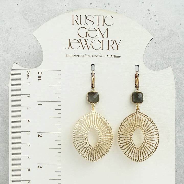 Gray Moonstone Sunburst Medallion Earrings in Brushed Gold