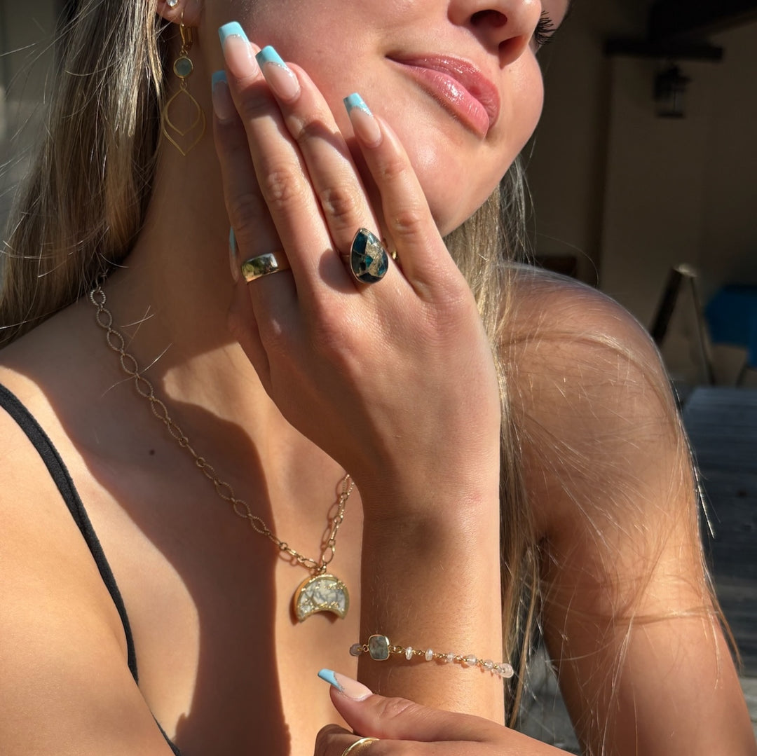 Teal Mojave Teardrop Statement Ring in Gold and Silver