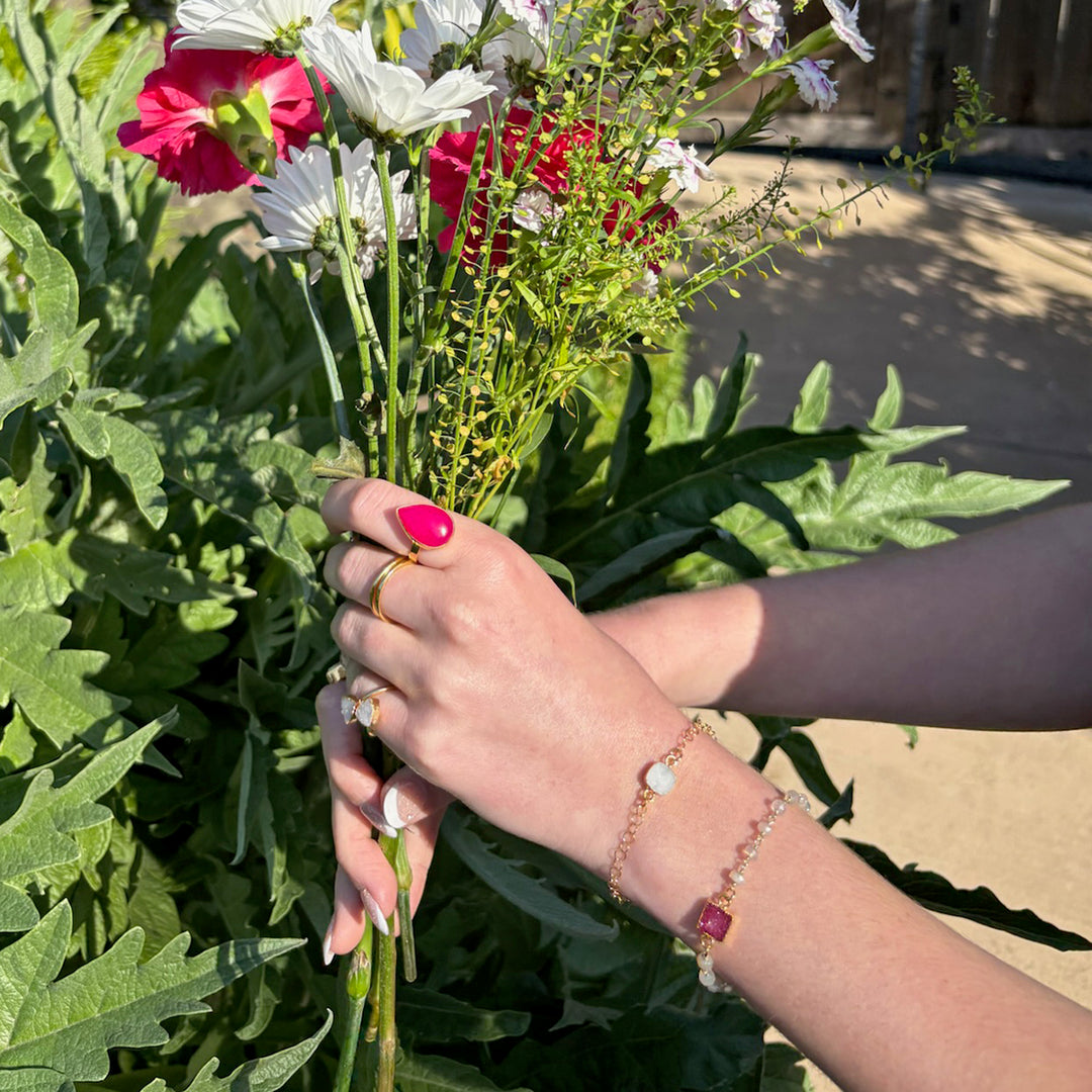 Burgundy Druzy and Strawberry Quartz Beaded Chain Bracelet in Gold