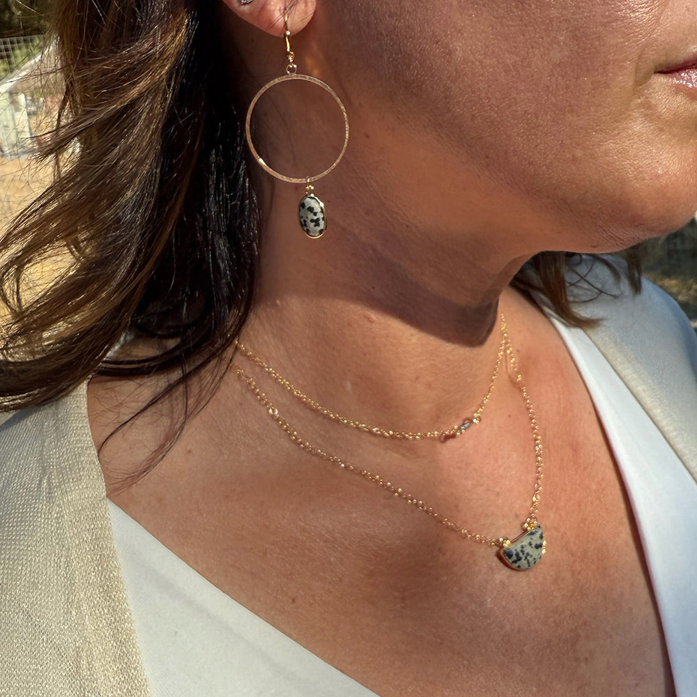 Dalmatian Jasper Hoop Dangle Earrings in Brushed Gold and Silver