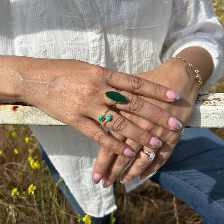 Tibetan Turquoise Double Stone Wrap Ring in Gold and Silver