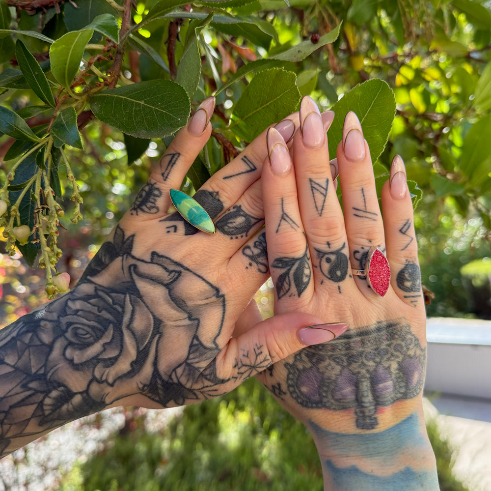 Tibetan Turquoise Horizontal Marquise Statement Ring in Gold and Silver