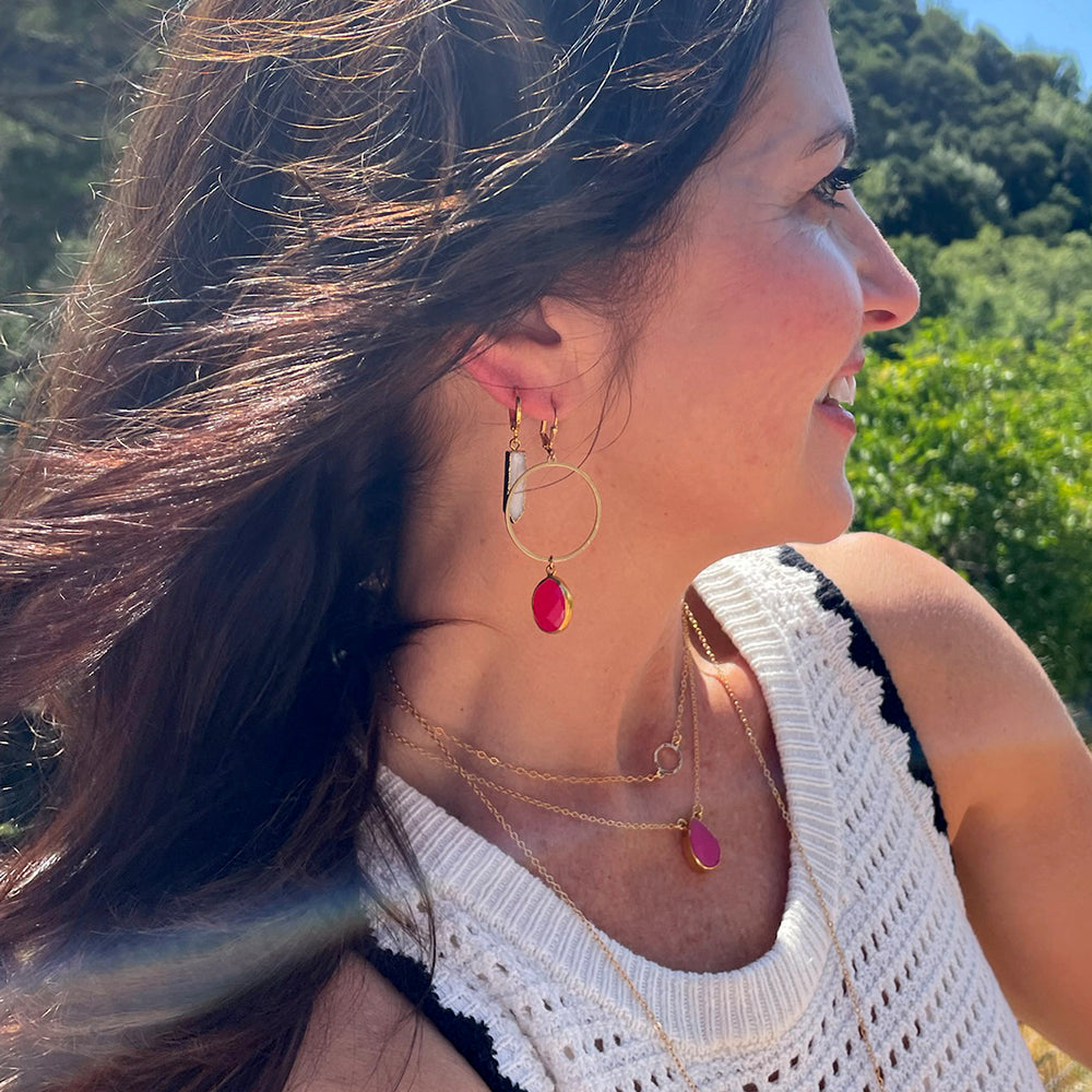 Fuchsia Chalcedony Hoop Dangle Earrings in Brushed Gold and Silver