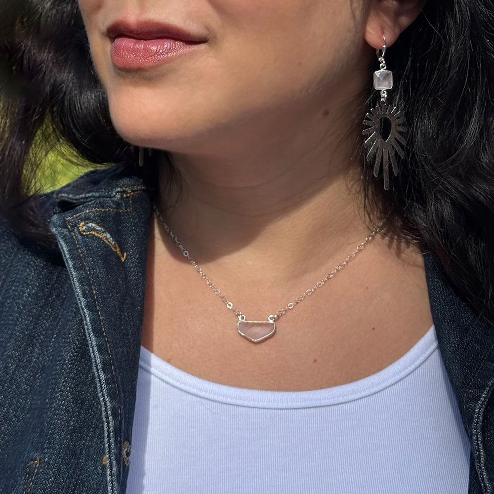 Rose Quartz and Starburst Statement Earrings in Brushed Silver