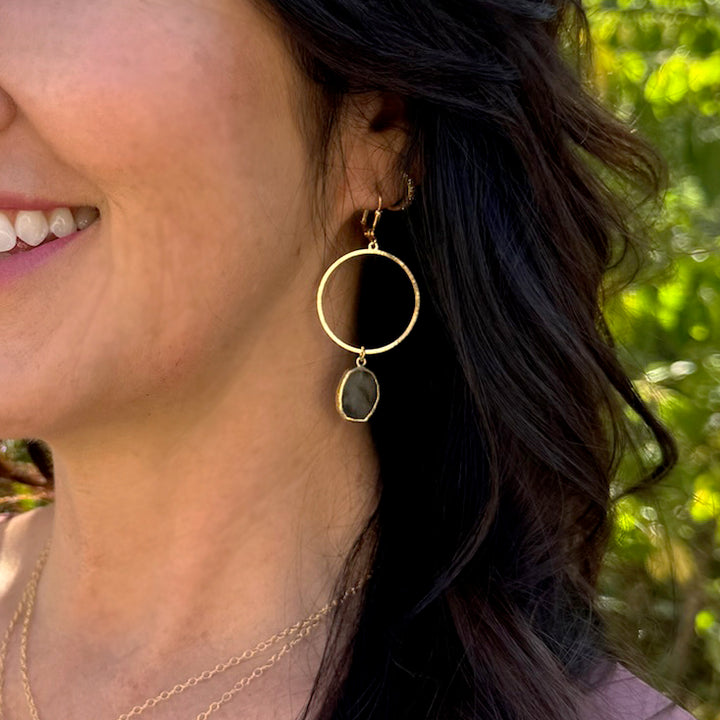 Freeform Labradorite Hoop Dangle Earrings in Brushed Gold