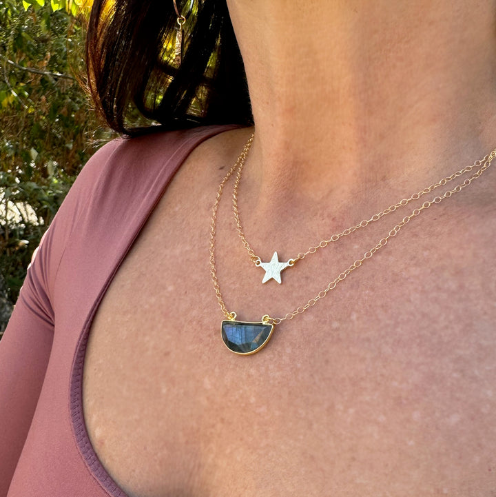 Small Labradorite Half Moon Crescent Necklace in Gold and Silver