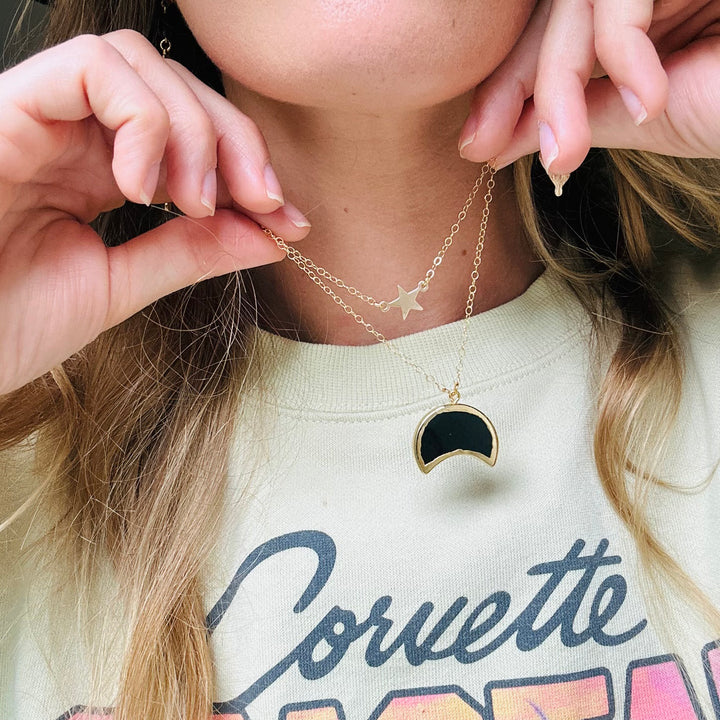Black Onyx Crescent Necklace in 14k Gold Filled or Sterling Silver. Black Stone Moon Necklace.