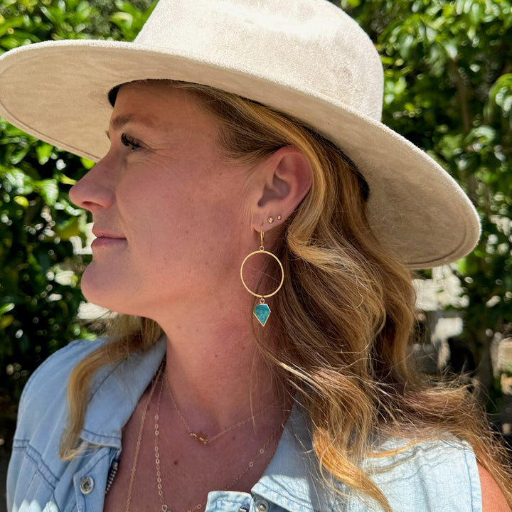Turquoise Shield Stone Hoop Earrings in Brushed Gold