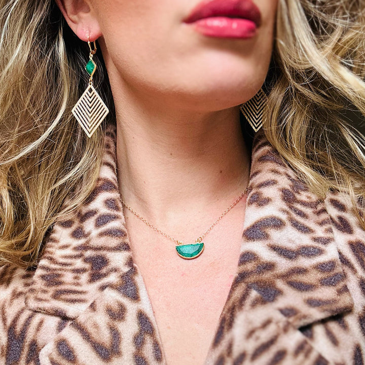 Small Raw Emerald Half Moon Crescent Necklace in Gold and Silver