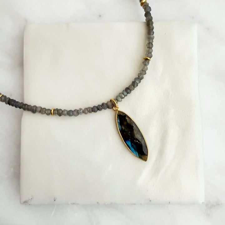 Labradorite Marquise Beaded Necklace in Gold