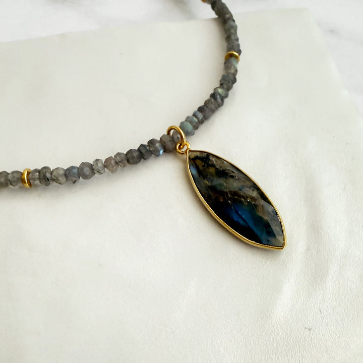Labradorite Marquise Beaded Necklace in Gold