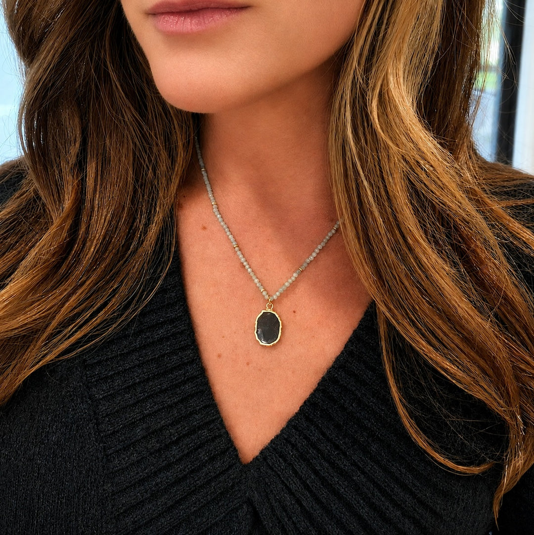 Labradorite Pendant and Amazonite Beaded Necklace in Silver