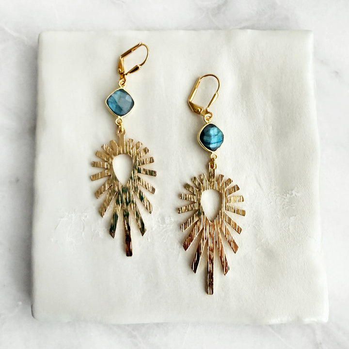 Labradorite Sunburst Statement Earrings in Brushed Gold